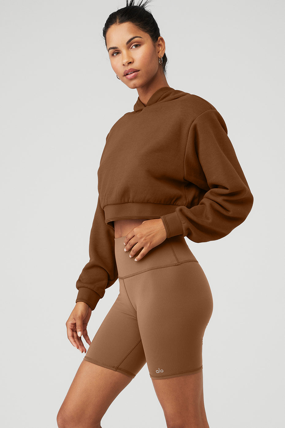 Brown Women's Alo Yoga Cropped Headliner Shoulder Pad Hoodie | JYD-235708