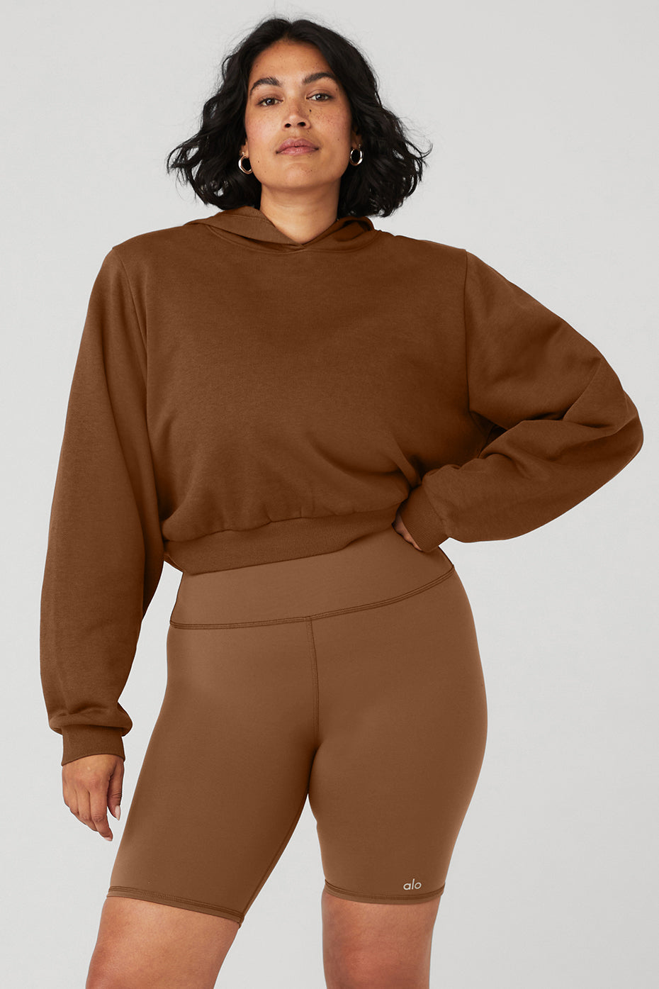 Brown Women's Alo Yoga Cropped Headliner Shoulder Pad Hoodie | JYD-235708