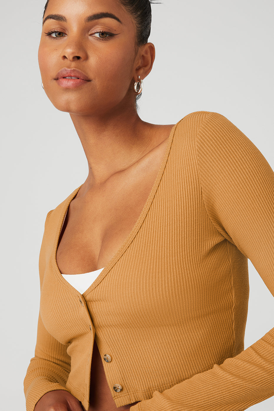 Brown Women's Alo Yoga Ribbed Cropped Whisper Cardi Long Sleeve | IMR-126537