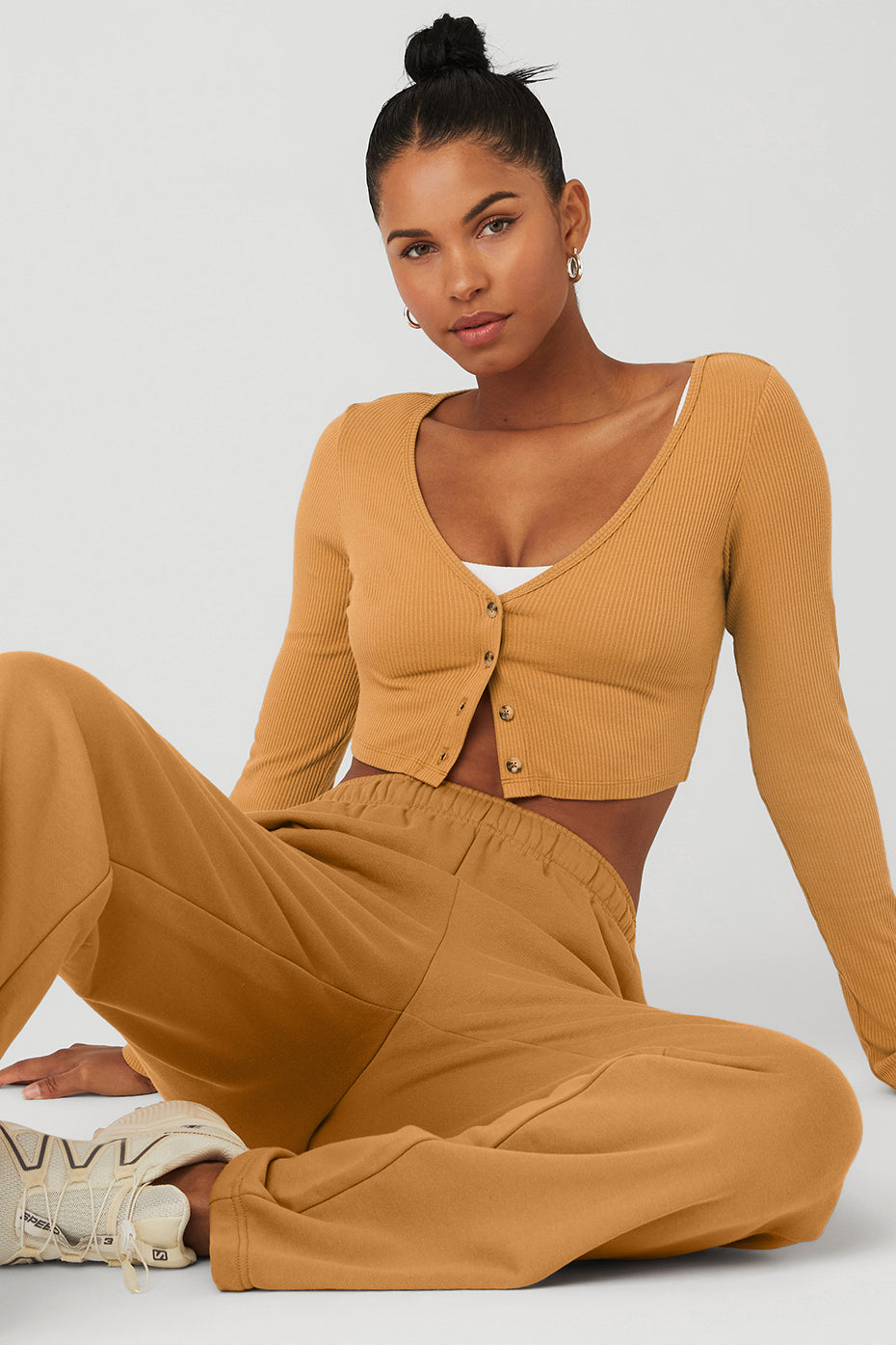 Brown Women's Alo Yoga Ribbed Cropped Whisper Cardi Long Sleeve | IMR-126537