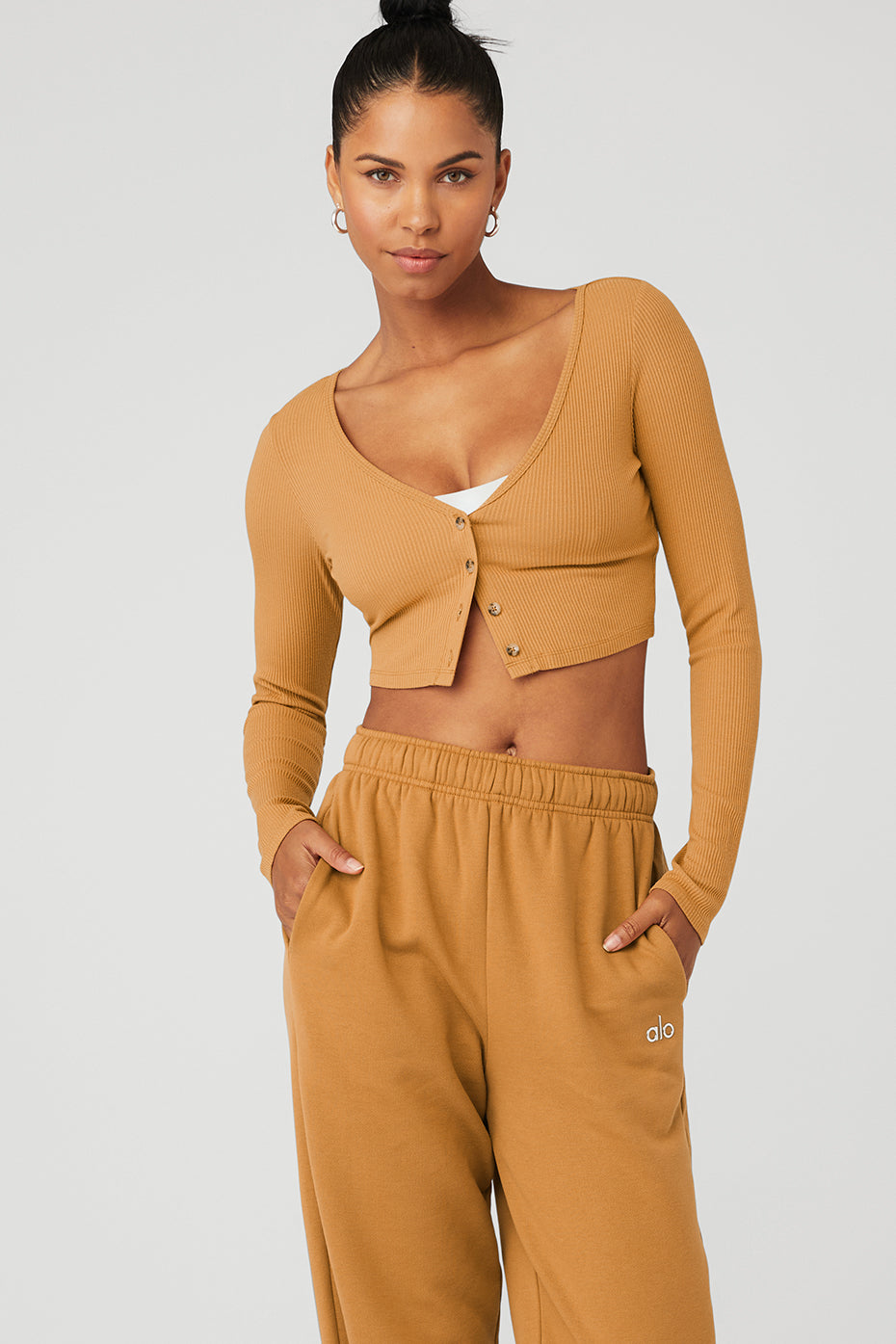 Brown Women\'s Alo Yoga Ribbed Cropped Whisper Cardi Long Sleeve | IMR-126537