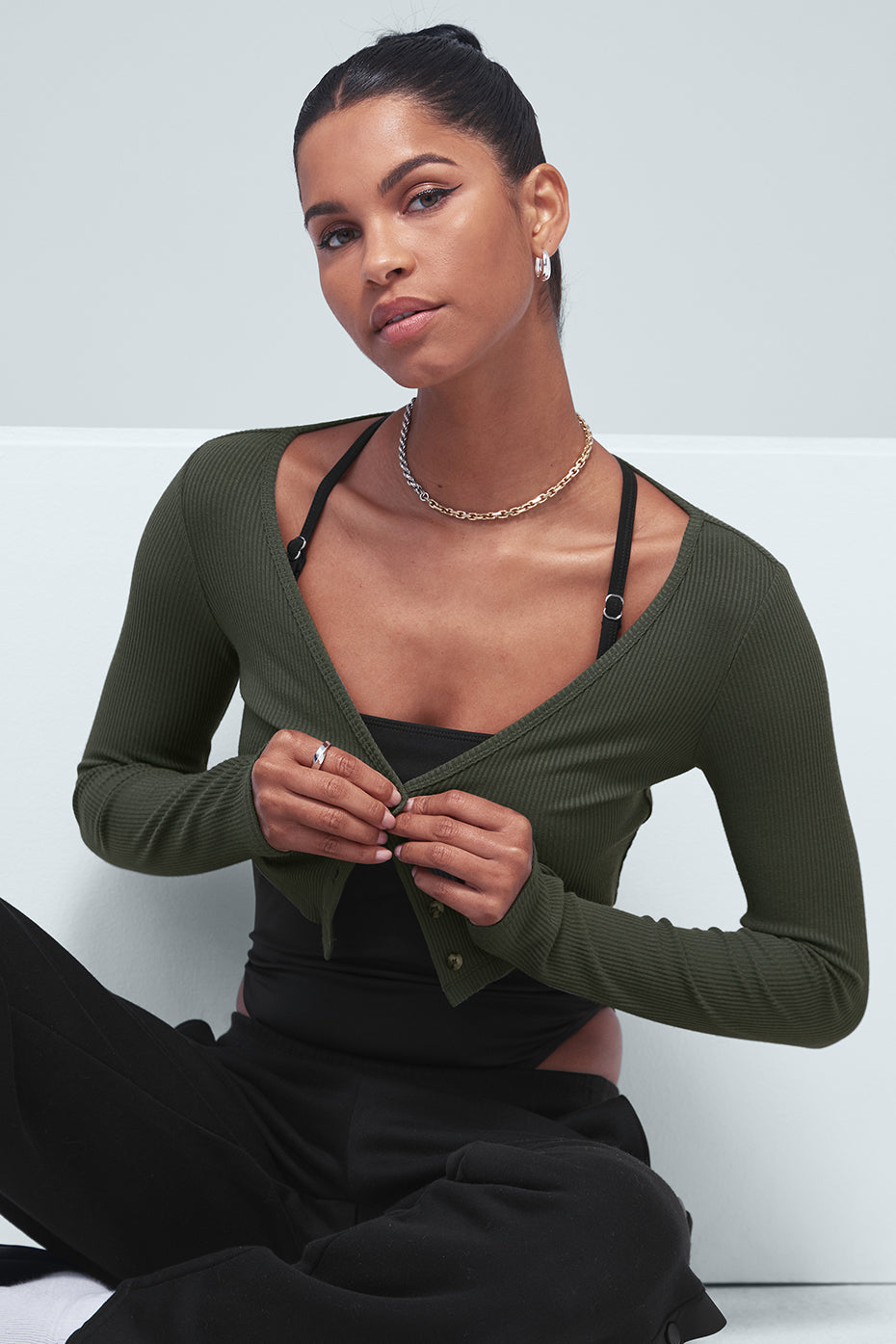 Dark Green Women's Alo Yoga Ribbed Cropped Whisper Cardigan Long Sleeve | RWY-625347