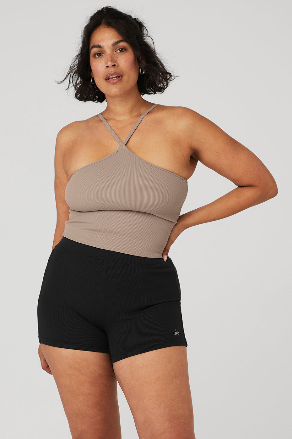 Grey Brown Women's Alo Yoga Goddess Ribbed Cross Crop Tanks | XOH-326578