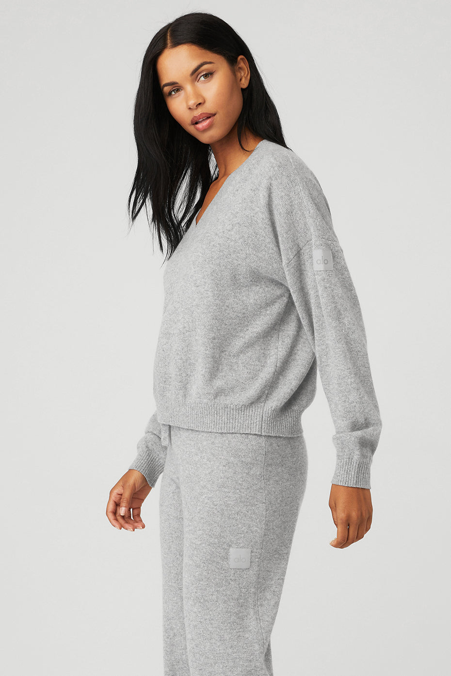 Grey Women's Alo Yoga Cashmere Jet Set V-Neck Pullover Sweatshirts | NBO-297516