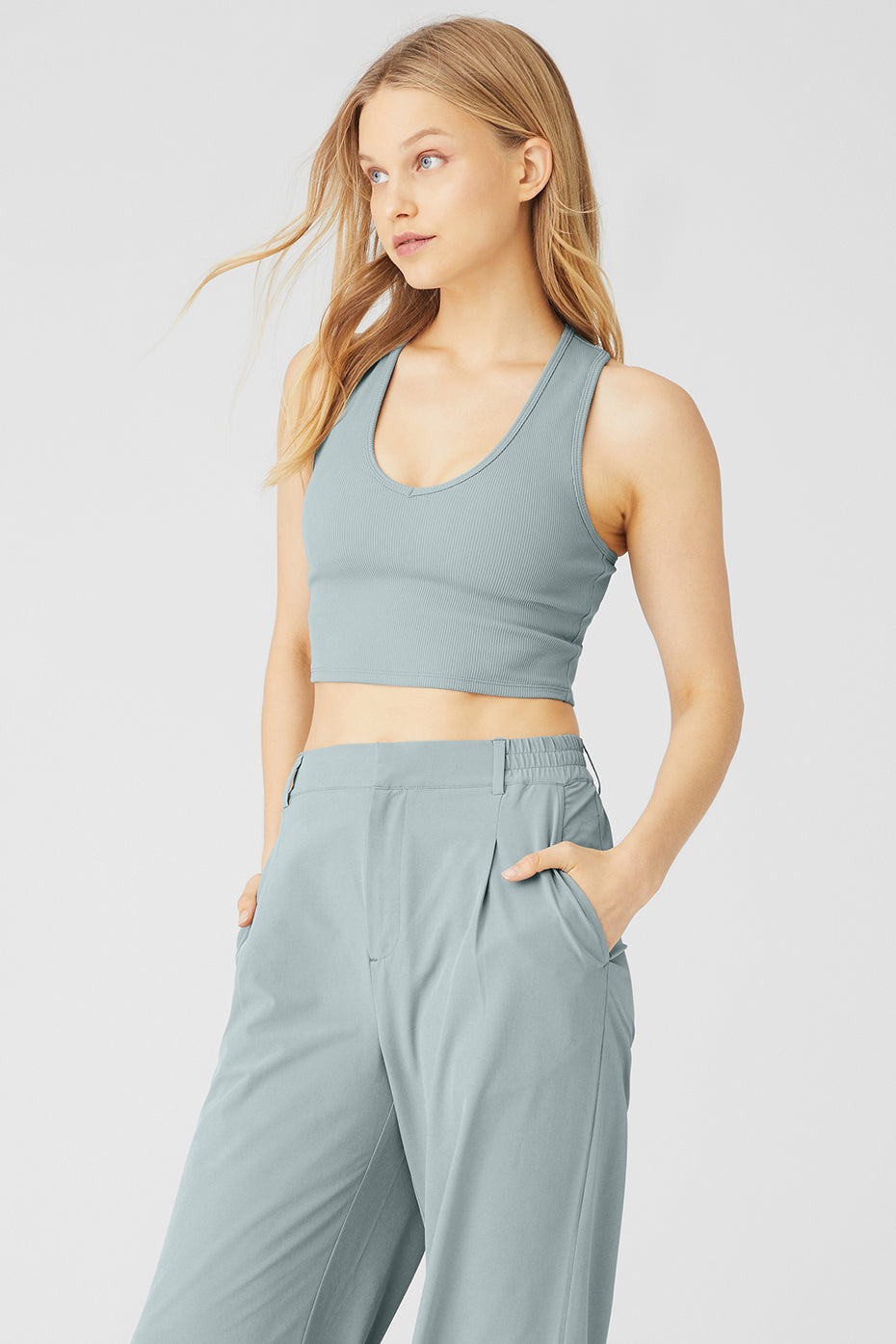 Grey Women's Alo Yoga Goddess Ribbed Cropped Racerback Tanks | OQU-624189