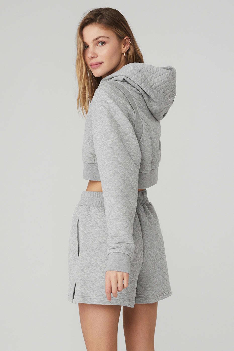 Grey Women's Alo Yoga Quilted Cropped Arena Hoodie | LZW-264981