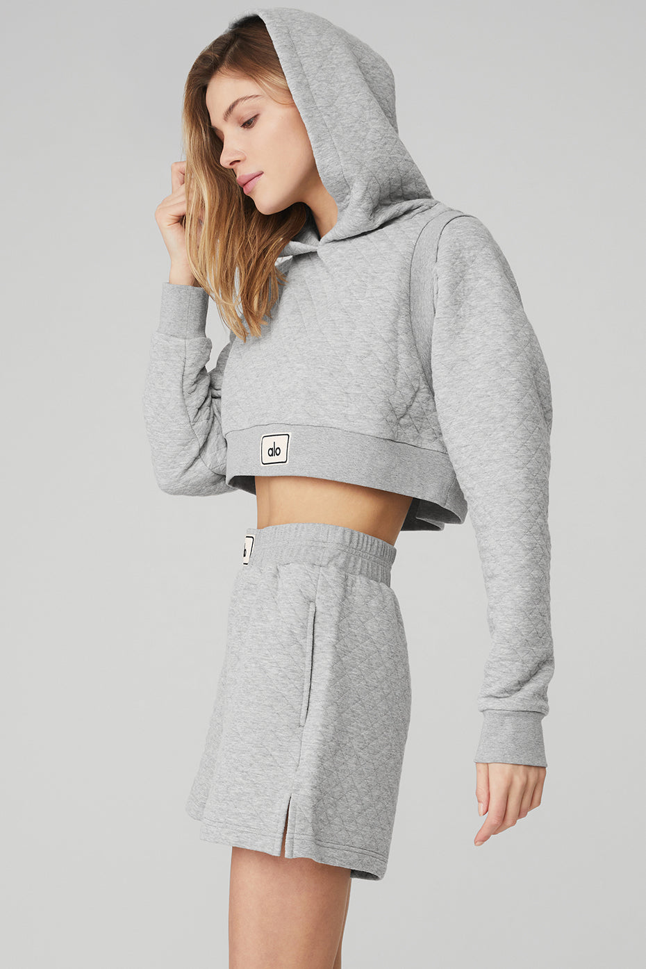 Grey Women's Alo Yoga Quilted Cropped Arena Hoodie | LZW-264981