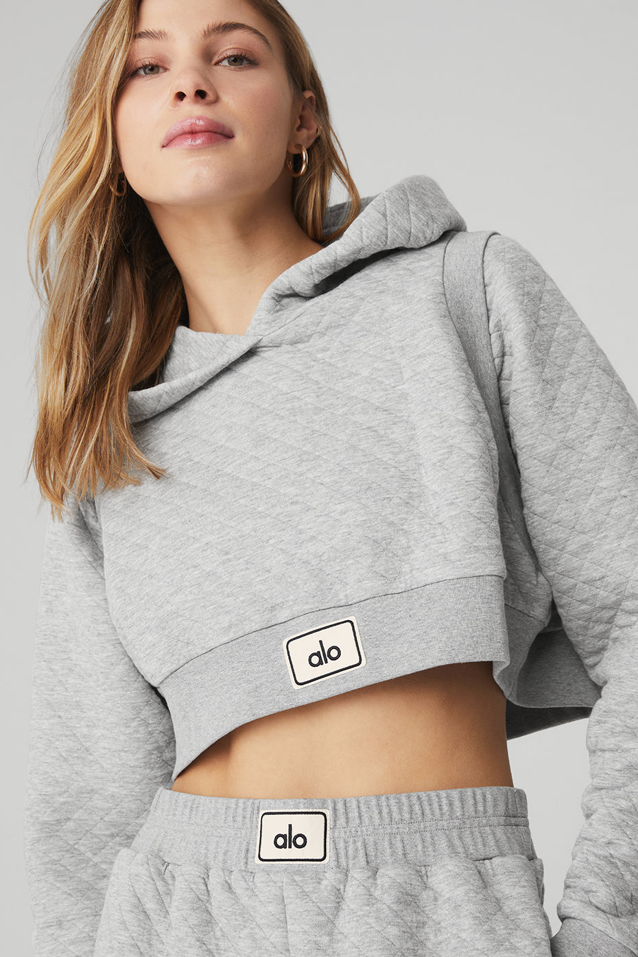 Grey Women's Alo Yoga Quilted Cropped Arena Hoodie | LZW-264981