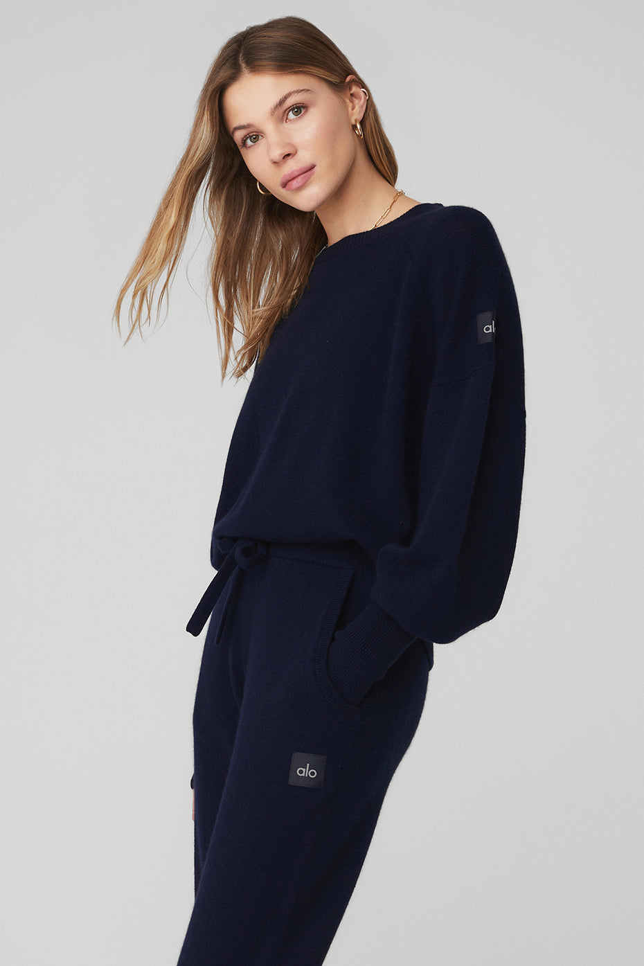 Navy Women's Alo Yoga Cashmere Jet Set Crew Sweatshirts | WCQ-307185