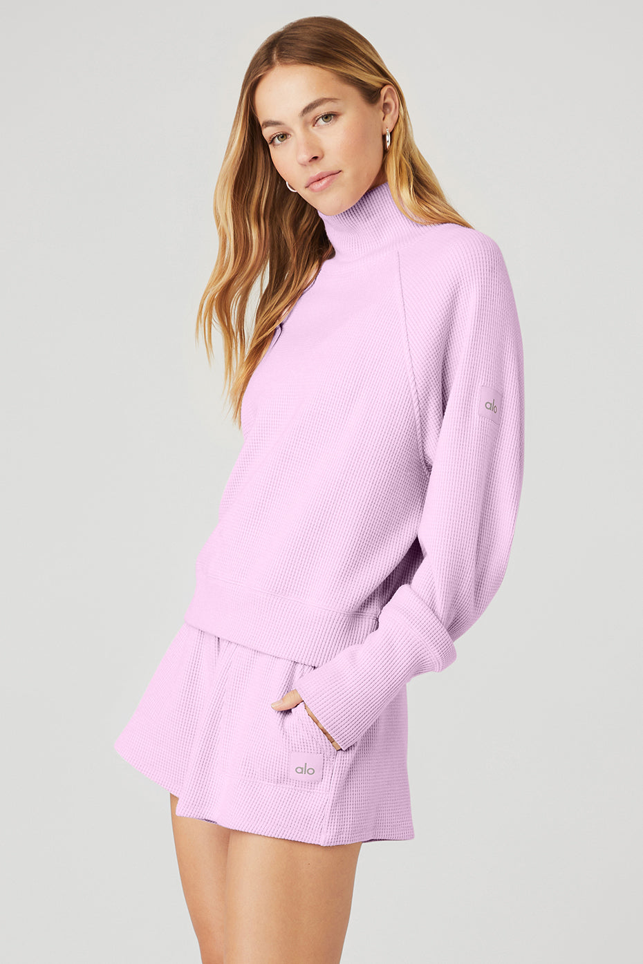 Pink Women's Alo Yoga Waffle Weekend Escape Mock Neck Long Sleeve | SXY-509482