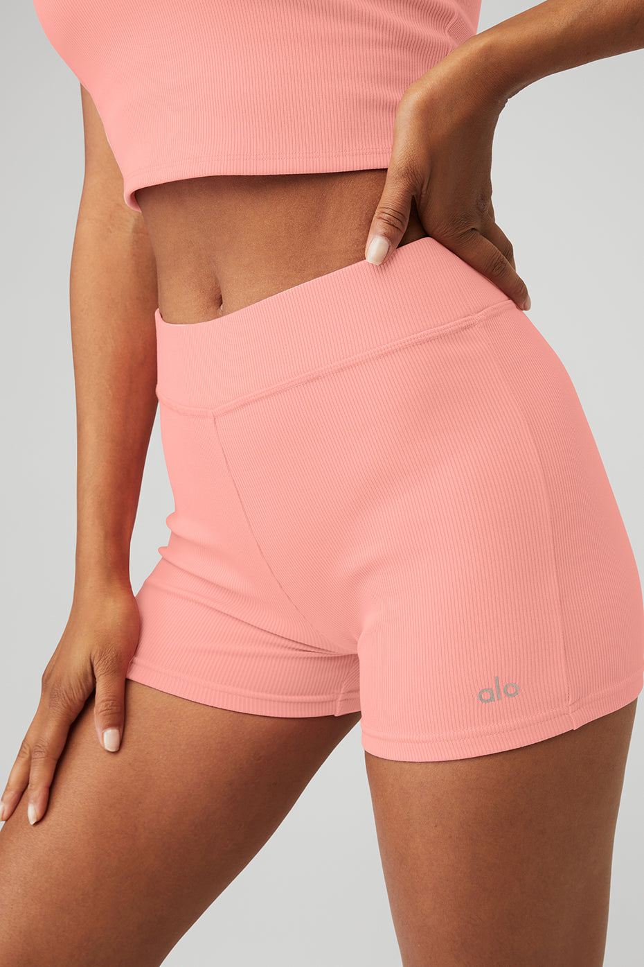 Rose Pink Women's Alo Yoga Goddess Ribbed High-Waist Hot Shorts | DQU-162984