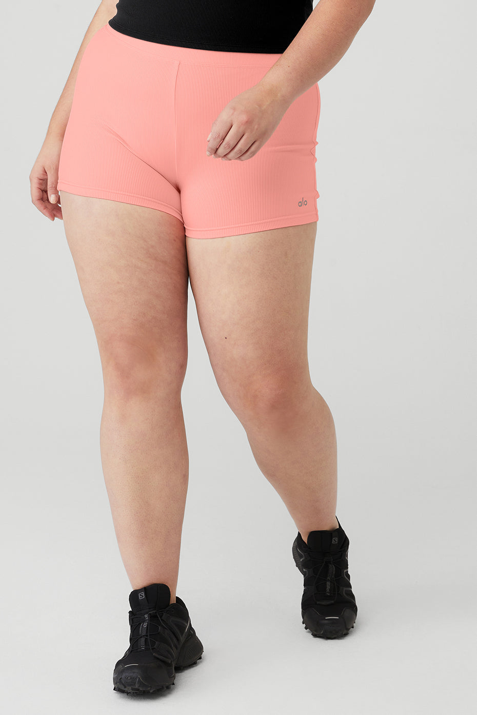 Rose Pink Women's Alo Yoga Goddess Ribbed High-Waist Hot Shorts | DQU-162984