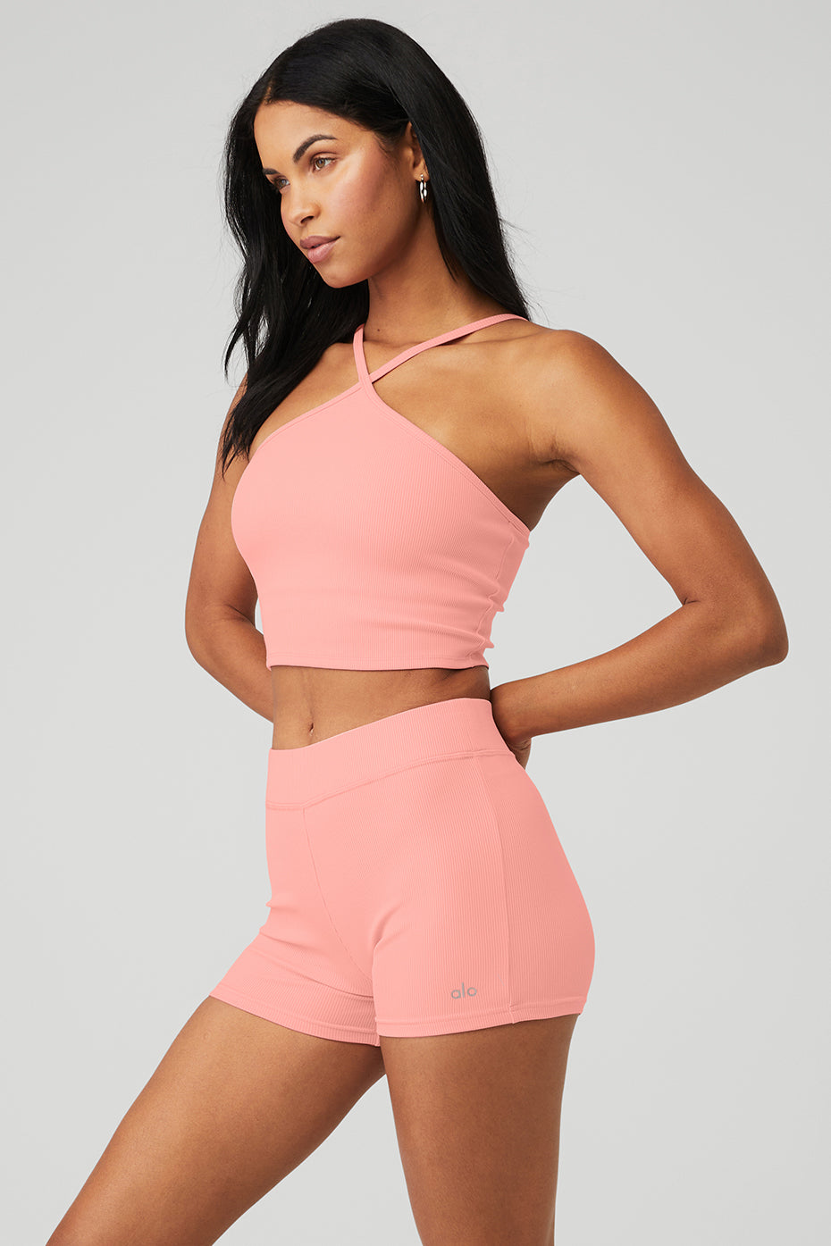 Rose Pink Women's Alo Yoga Goddess Ribbed Cross Crop Tanks | ZTO-835910