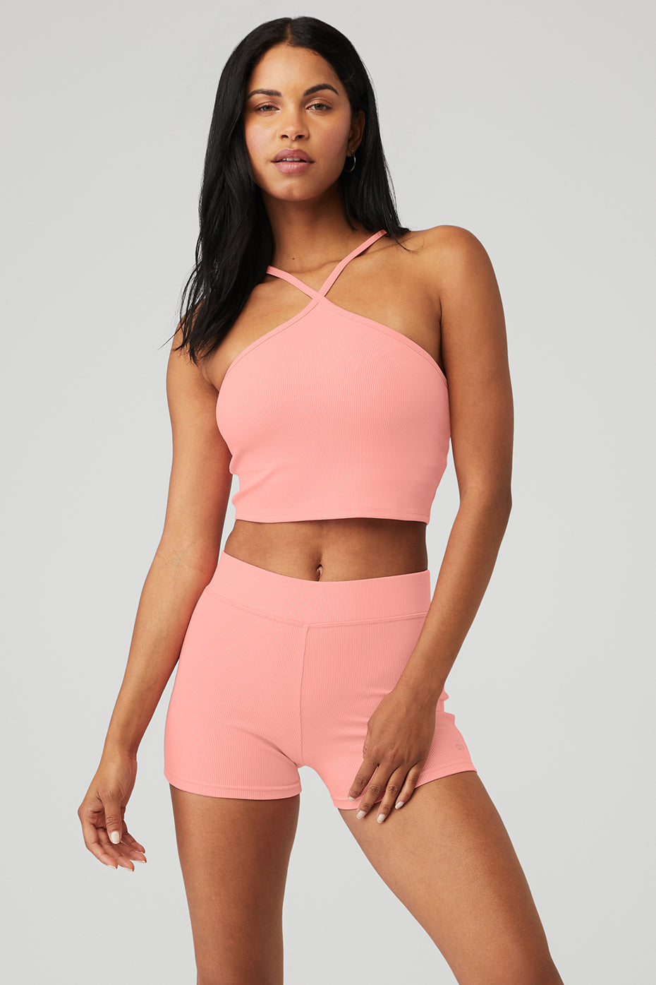 Rose Pink Women\'s Alo Yoga Goddess Ribbed Cross Crop Tanks | ZTO-835910