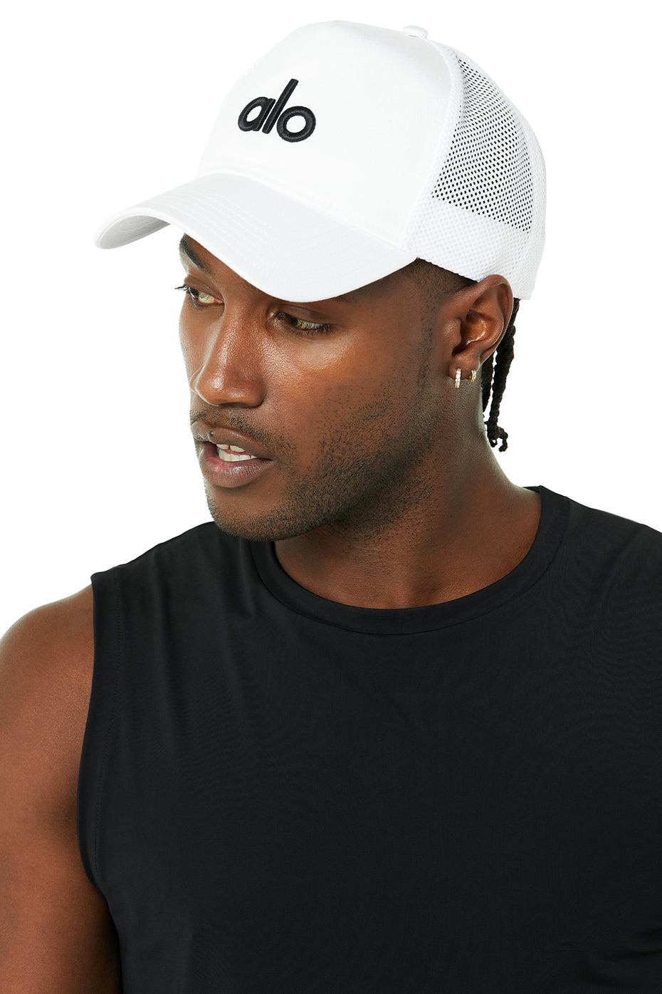 White / Black Unisex Alo Yoga District Trucker Hats | TVF-839572