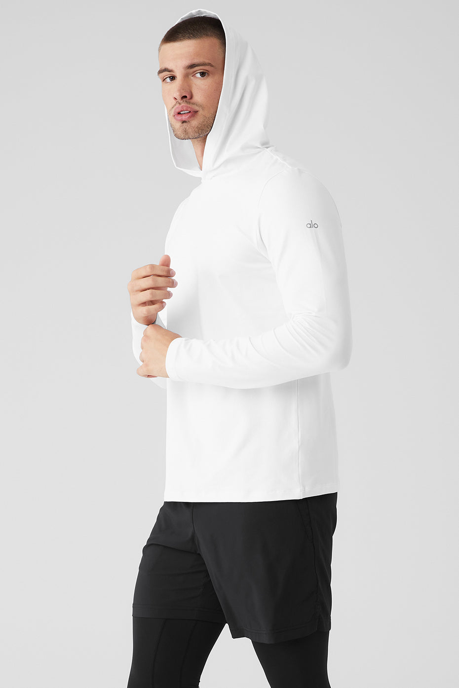 White Men's Alo Yoga Conquer Reform With Hood Long Sleeve | SXN-625703