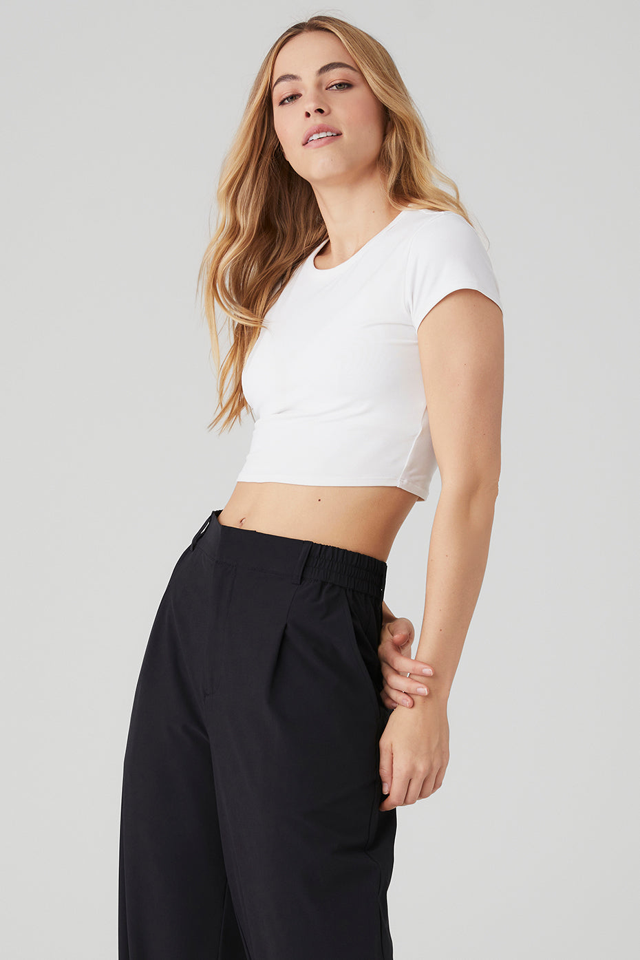 White Women's Alo Yoga Alosoft Crop Finesse Short Sleeve | YVN-386290