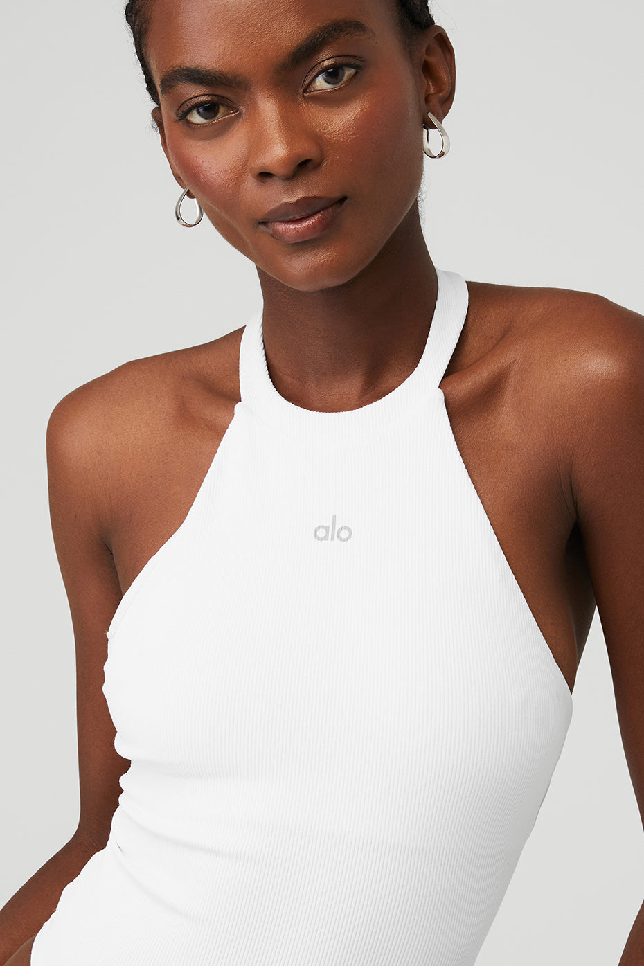 White Women's Alo Yoga Goddess Rib Prime Time Halter Bodysuit | VCS-504312