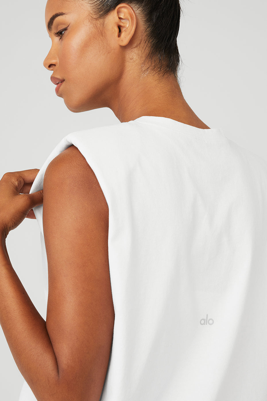 White Women's Alo Yoga Headliner Shoulder Pad Sleeveless Tee Tanks | OUW-190873