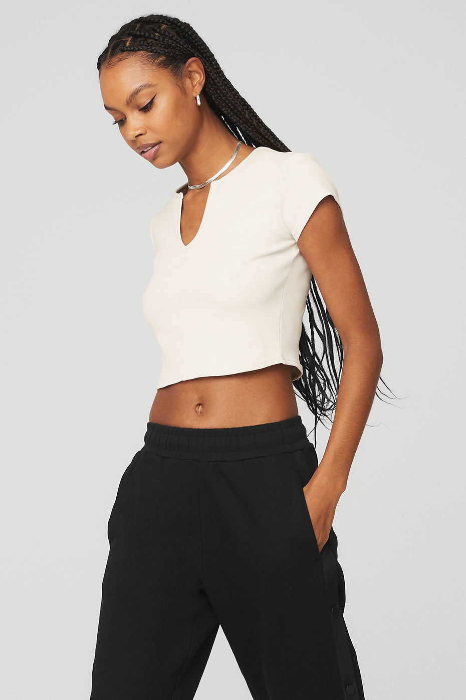 White Women's Alo Yoga Ribbed Cropped Savvy Short Sleeve | NQC-451290